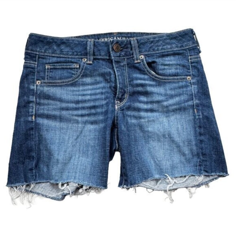 American Eagle Stretch Medium Wash Frayed Distressed Jean Short